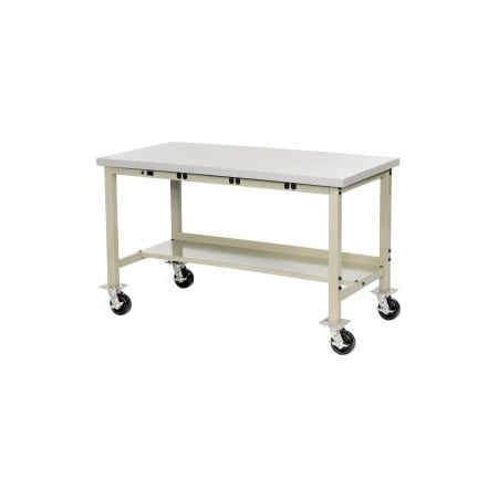 Global Equipment 72"W x 36"D Mobile Production Workbench - Power Apron - ESD Square Edge -Tan 253980BTN